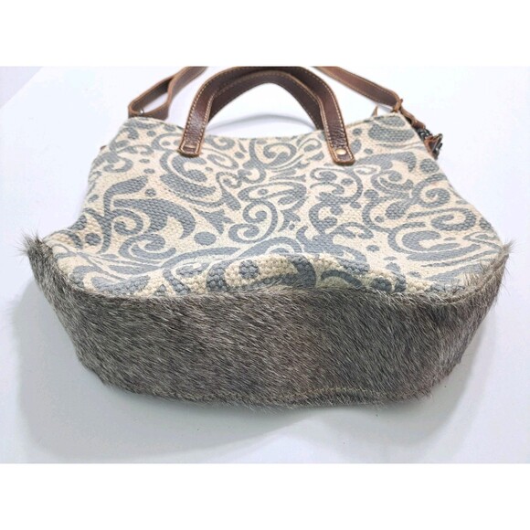 Myra Bag Leather Canvas Southwestern Aztec Shoulder Bag Satchel Cowhair Gray - Picture 2 of 9
